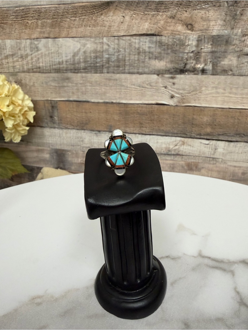 Sterling silver with turquoise and mother of pearl geometric design ring